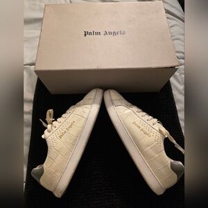 Palm Angels Cream Croc-Embossed Low-Top Sneakers with Gold Logo